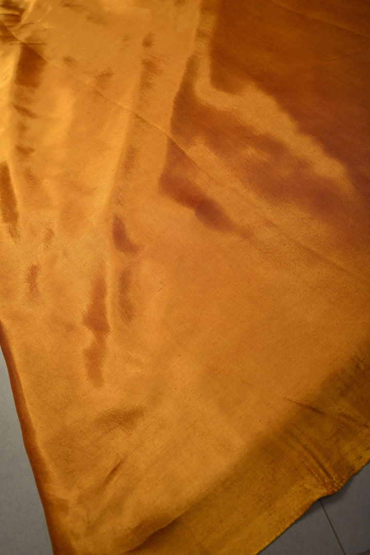 Ochre Sequins-Cutdana Hand Embroidery on Modal Silk Saree with Kalamkari Applique work and Lagda Patta Crushed Tissue Pallu | SHOBITAM