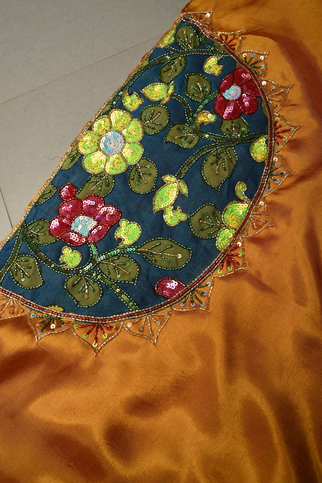 Ochre Sequins-Cutdana Hand Embroidery on Modal Silk Saree with Kalamkari Applique work and Lagda Patta Crushed Tissue Pallu | SHOBITAM
