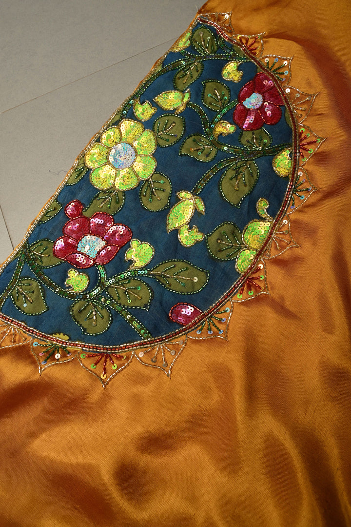 Ochre Sequins-Cutdana Hand Embroidery on Modal Silk Saree with Kalamkari Applique work and Lagda Patta Crushed Tissue Pallu | SHOBITAM