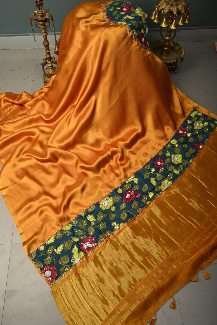 Ochre Sequins-Cutdana Hand Embroidery on Modal Silk Saree with Kalamkari Applique work and Lagda Patta Crushed Tissue Pallu | SHOBITAM