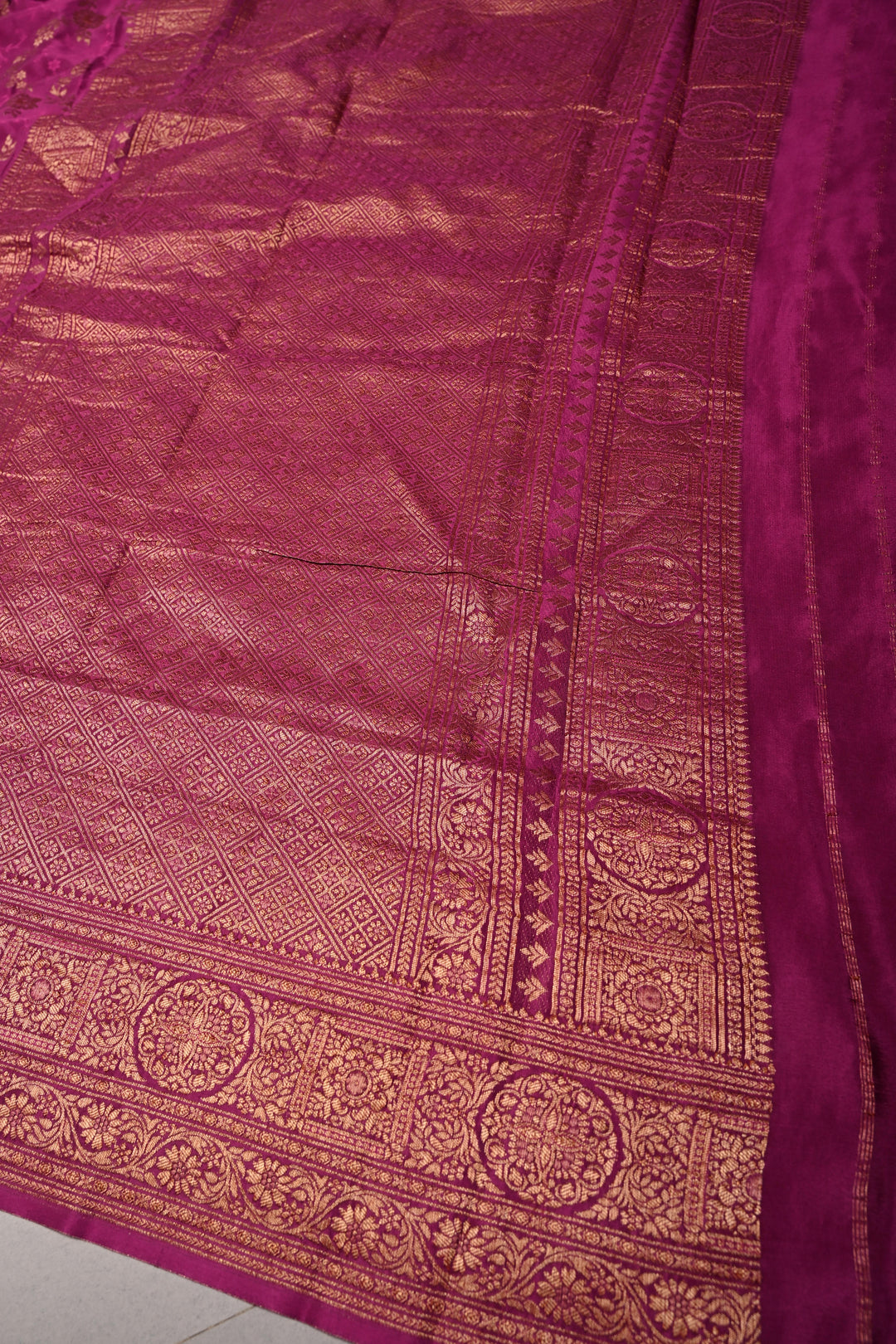 Deep Megenta Mysore Silk Saree with Floral Jaal and Zari Border  | SILK MARK CERTIFIED | SHOBITAM