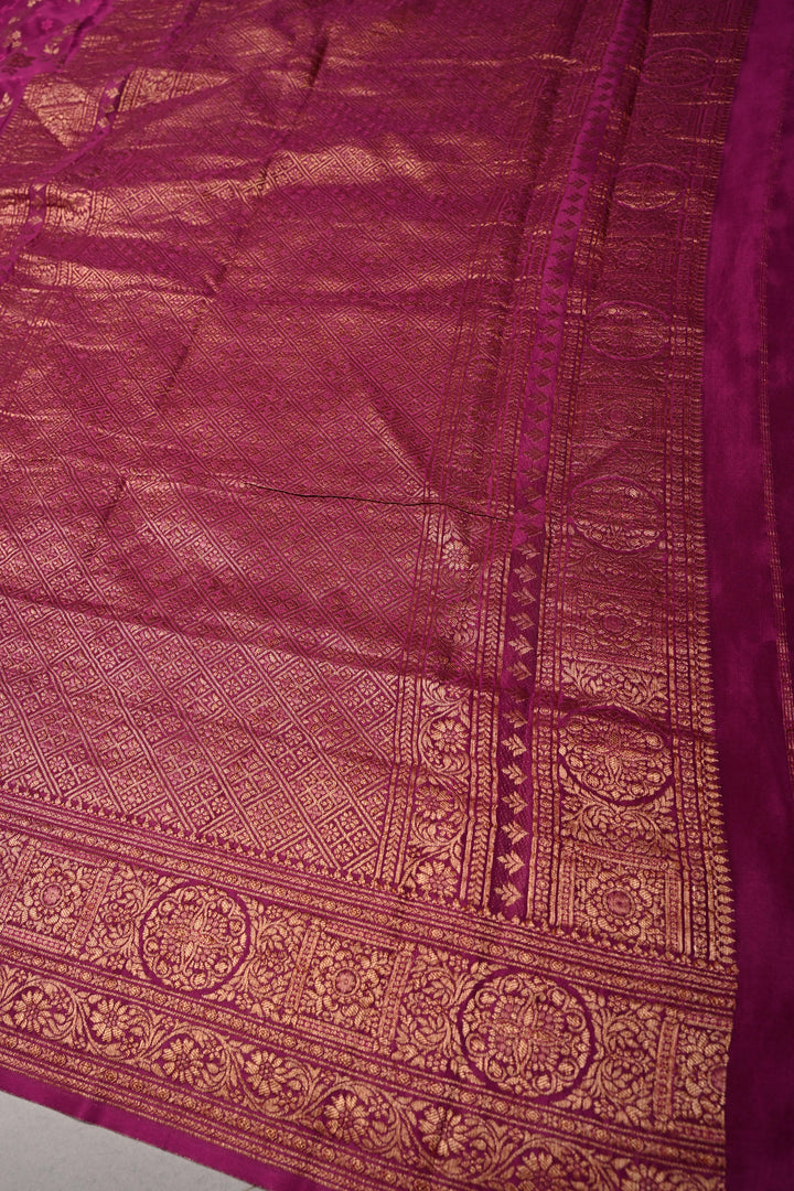 Deep Megenta Mysore Silk Saree with Floral Jaal and Zari Border  | SILK MARK CERTIFIED | SHOBITAM