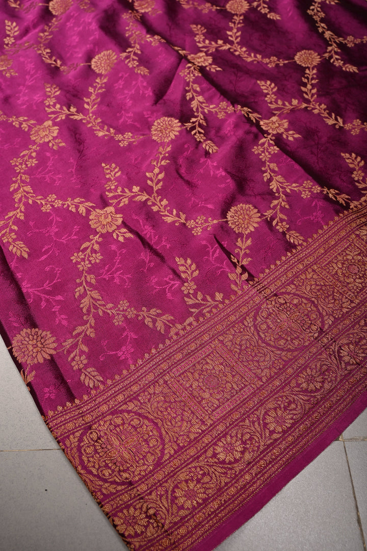 Deep Megenta Mysore Silk Saree with Floral Jaal and Zari Border  | SILK MARK CERTIFIED | SHOBITAM