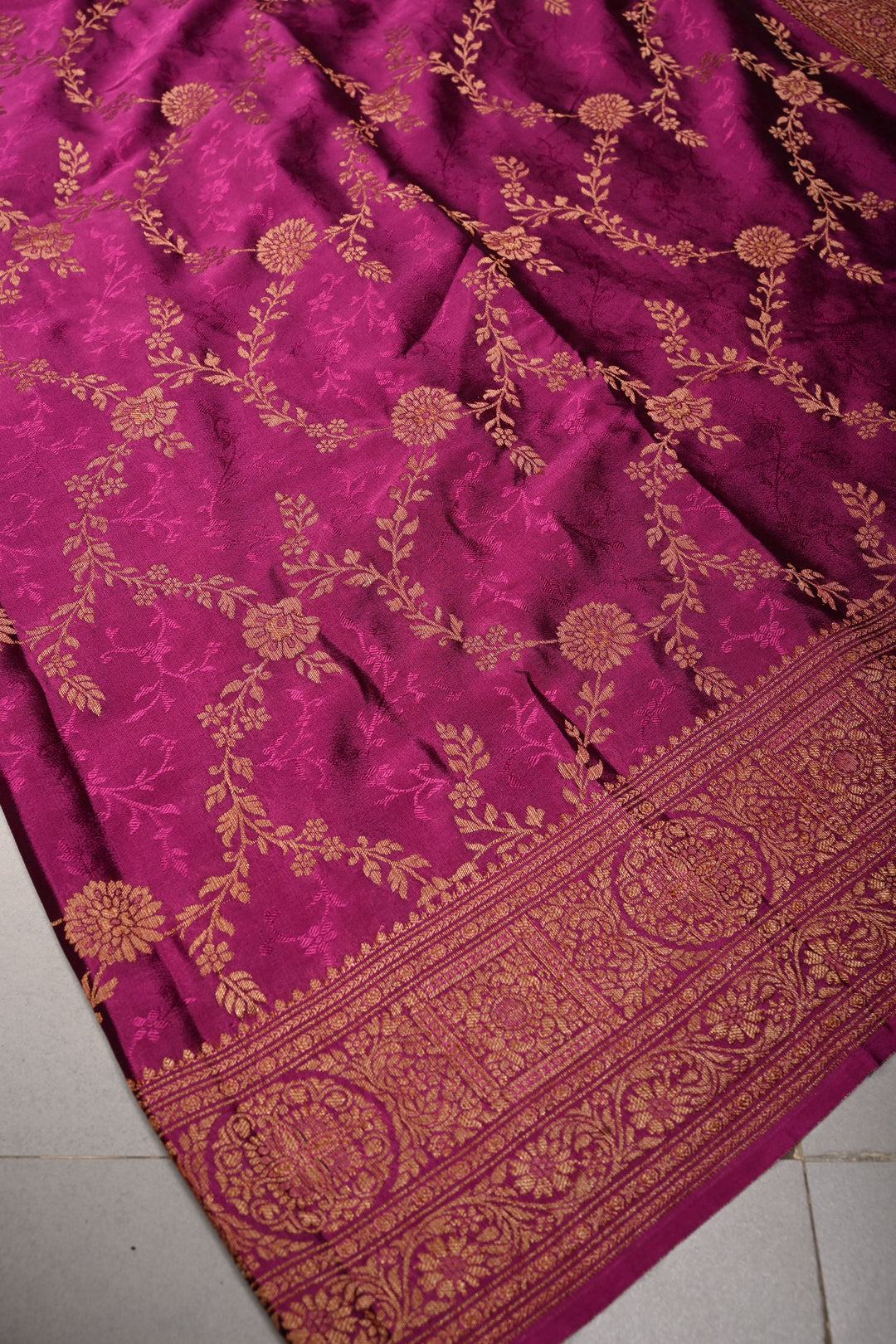 Deep Megenta Mysore Silk Saree with Floral Jaal and Zari Border  | SILK MARK CERTIFIED | SHOBITAM