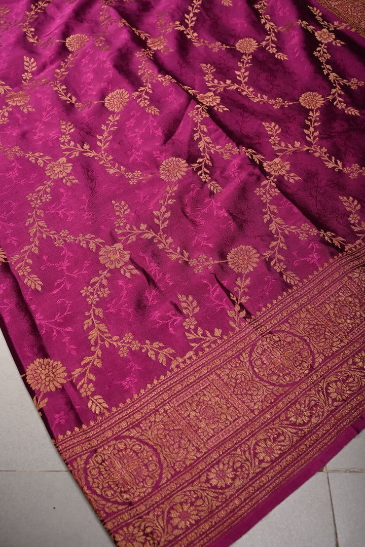 Deep Megenta Mysore Silk Saree with Floral Jaal and Zari Border  | SILK MARK CERTIFIED | SHOBITAM