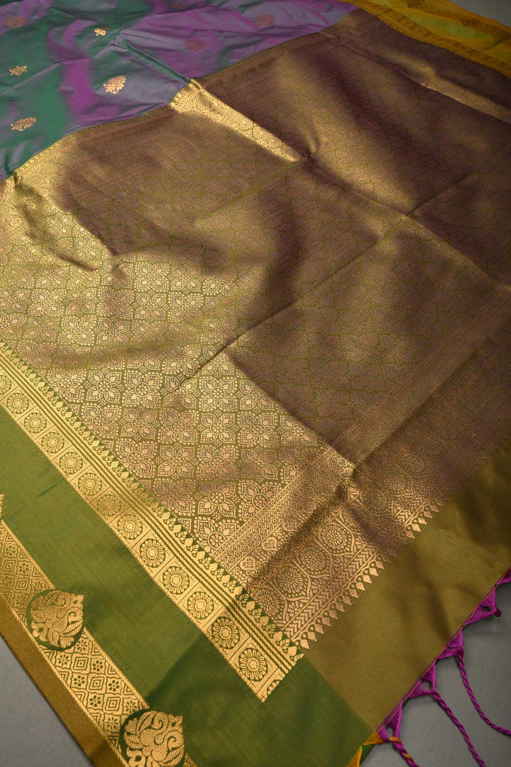 Pink-Green Dual Tone Kanchi Semi Silk Saree with Floral Zari Buttas and Zari Border | SHOBITAM
