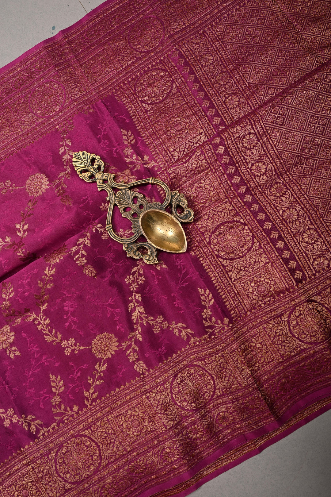 Deep Megenta Mysore Silk Saree with Floral Jaal and Zari Border  | SILK MARK CERTIFIED | SHOBITAM