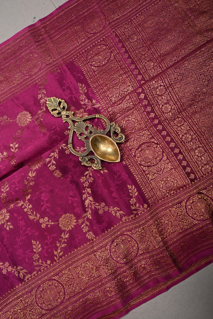 Deep Megenta Mysore Silk Saree with Floral Jaal and Zari Border  | SILK MARK CERTIFIED | SHOBITAM