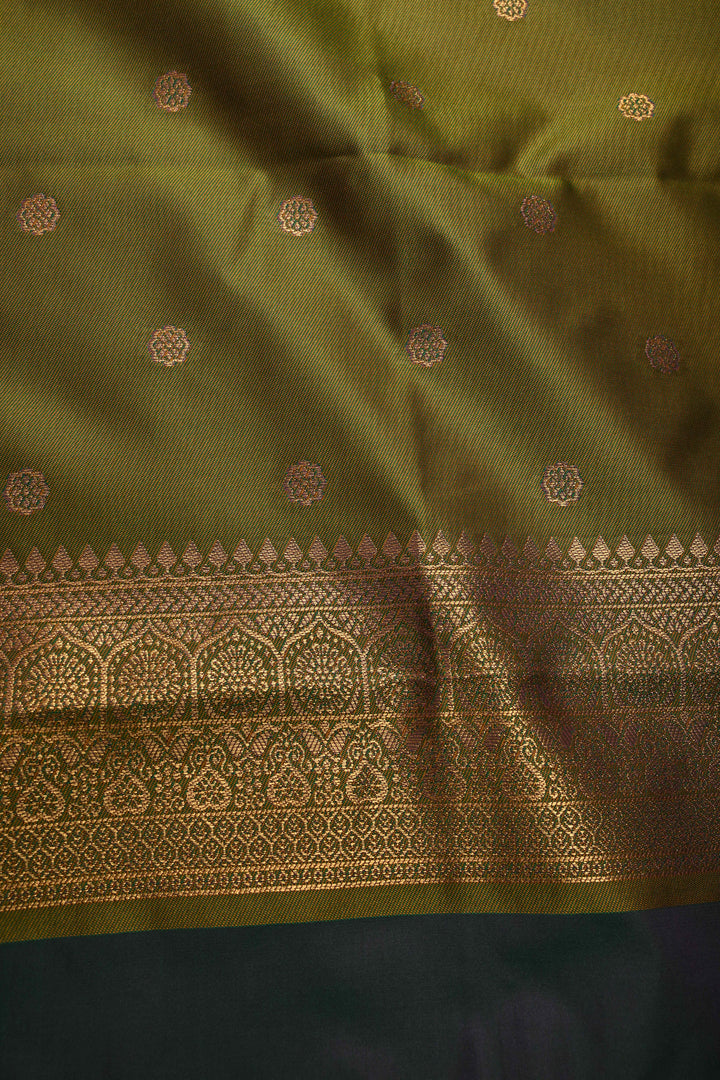 Pink-Green Dual Tone Kanchi Semi Silk Saree with Floral Zari Buttas and Zari Border | SHOBITAM