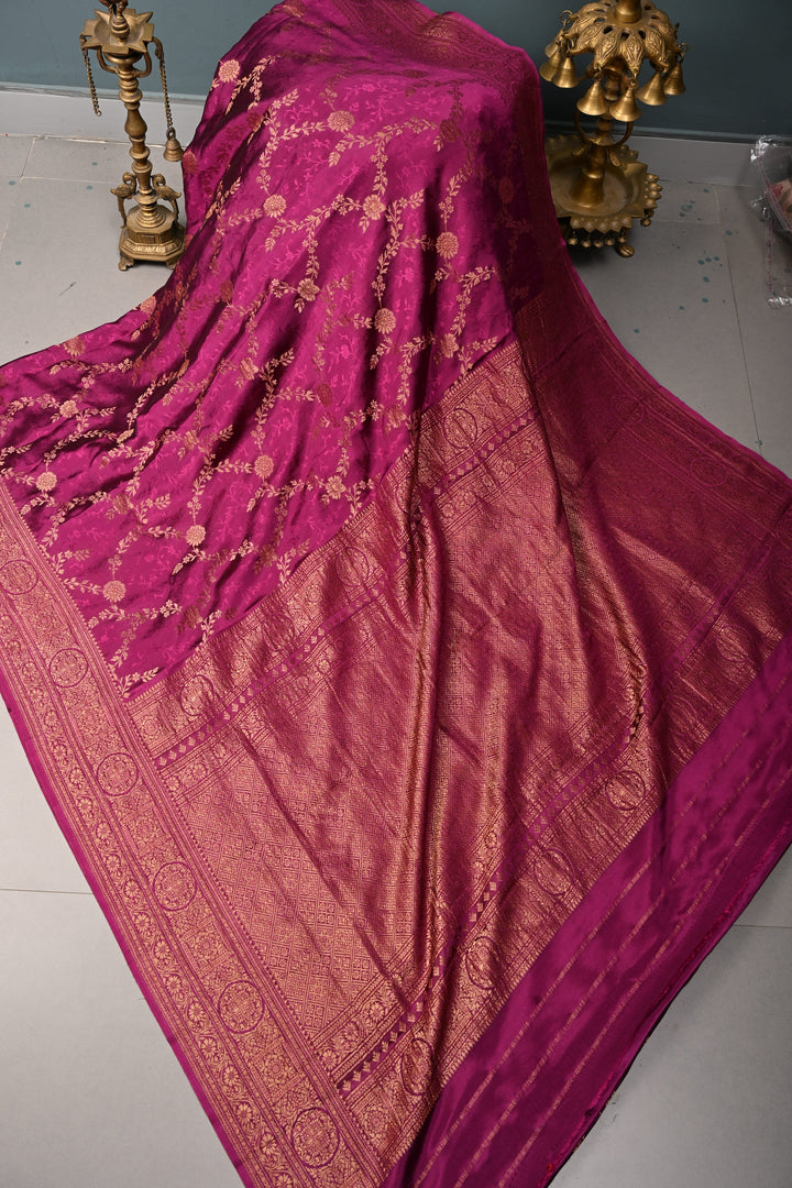 Deep Megenta Mysore Silk Saree with Floral Jaal and Zari Border  | SILK MARK CERTIFIED | SHOBITAM
