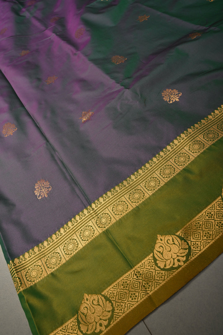 Pink-Green Dual Tone Kanchi Semi Silk Saree with Floral Zari Buttas and Zari Border | SHOBITAM