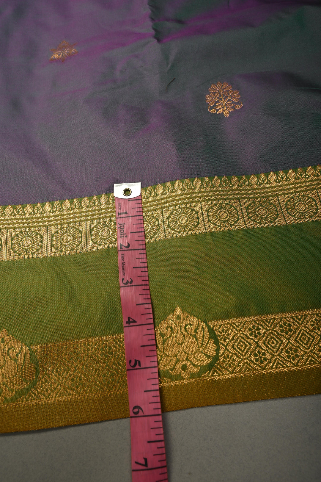Pink-Green Dual Tone Kanchi Semi Silk Saree with Floral Zari Buttas and Zari Border | SHOBITAM