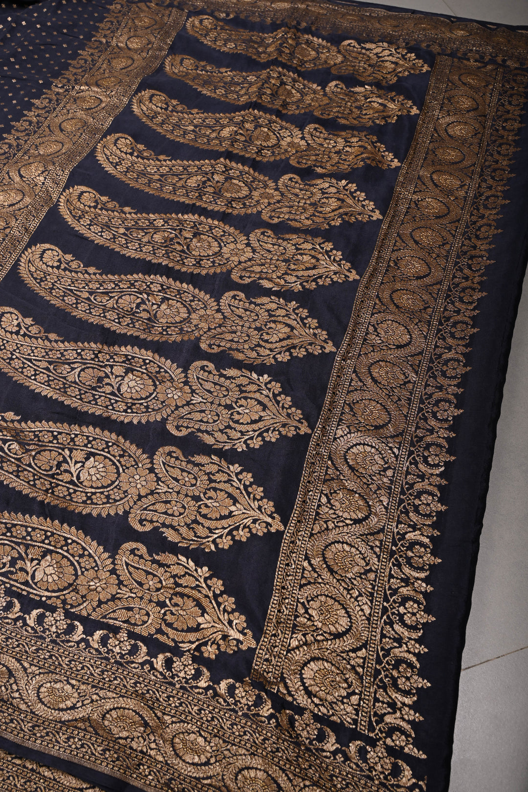 Midnight Blue Banarasi Pure Silk Georgette Saree with Antique Zari Chunri Buttis and Zari Border | SILK MARK CERTIFIED | SHOBITAM