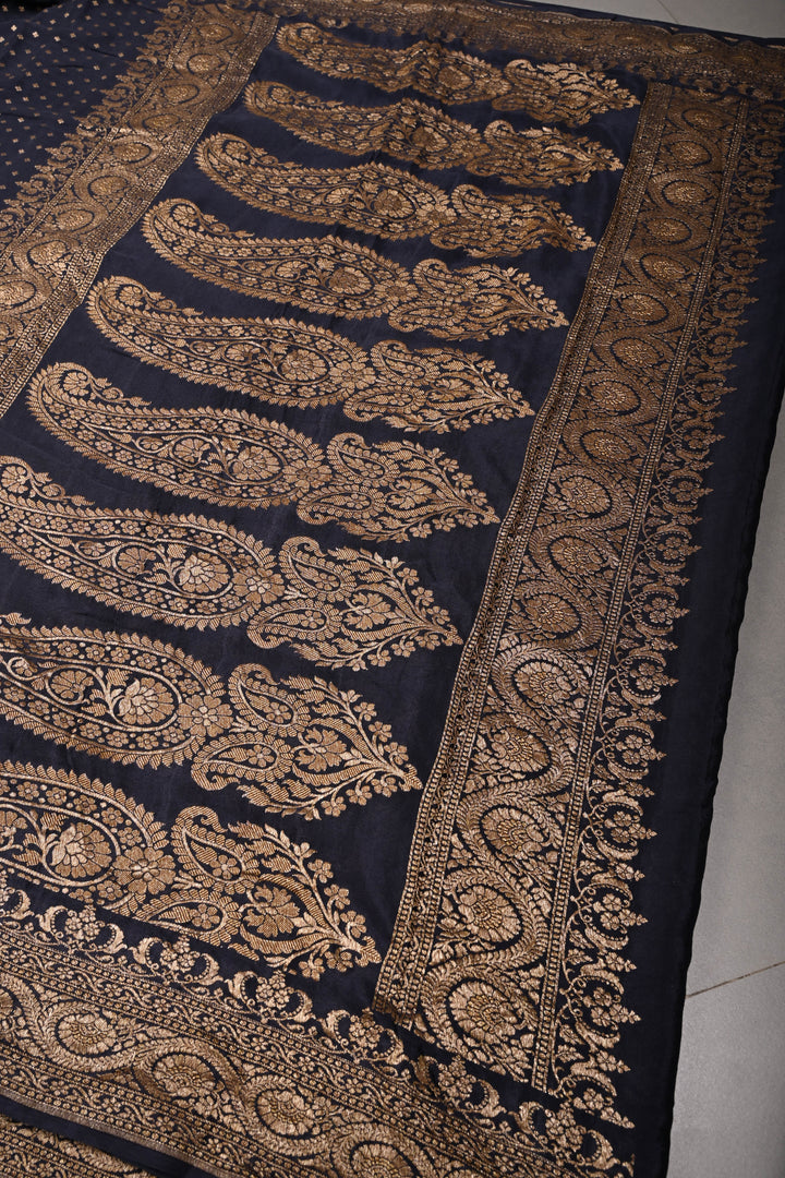 Midnight Blue Banarasi Pure Silk Georgette Saree with Antique Zari Chunri Buttis and Zari Border | SILK MARK CERTIFIED | SHOBITAM