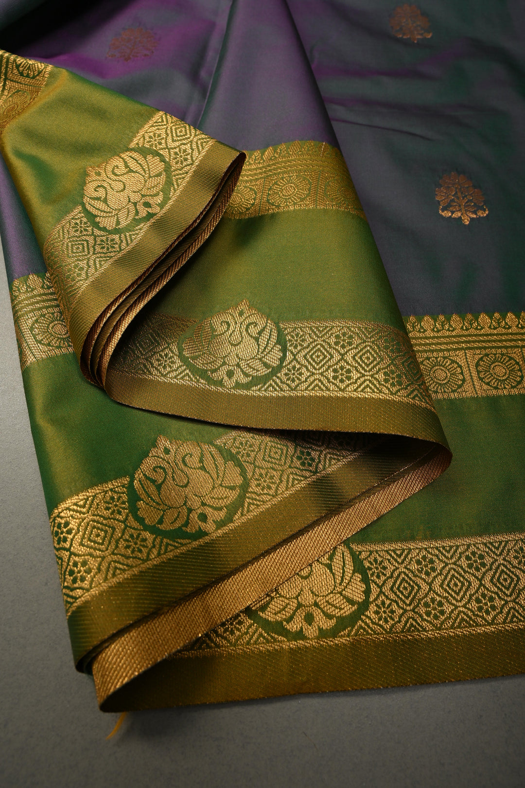 Pink-Green Dual Tone Kanchi Semi Silk Saree with Floral Zari Buttas and Zari Border | SHOBITAM