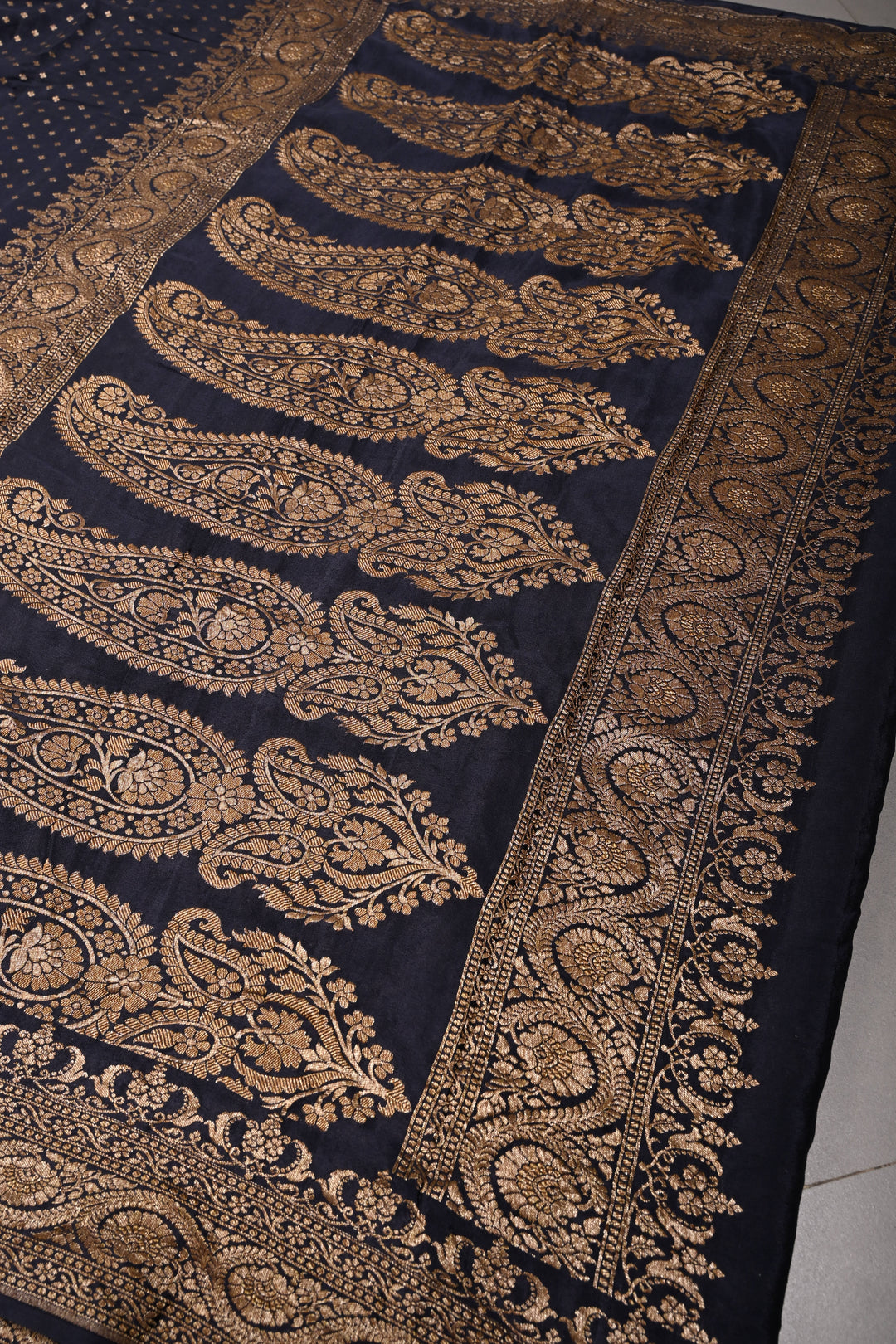 Midnight Blue Banarasi Pure Silk Georgette Saree with Antique Zari Chunri Buttis and Zari Border | SILK MARK CERTIFIED | SHOBITAM