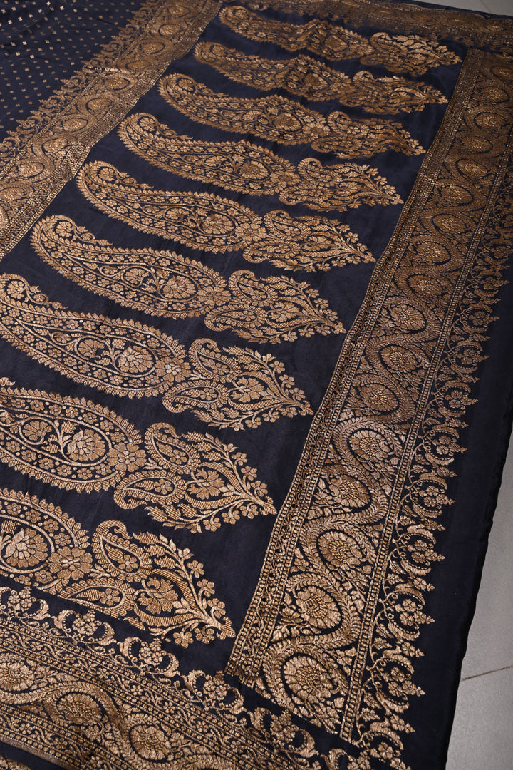 Midnight Blue Banarasi Pure Silk Georgette Saree with Antique Zari Chunri Buttis and Zari Border | SILK MARK CERTIFIED | SHOBITAM