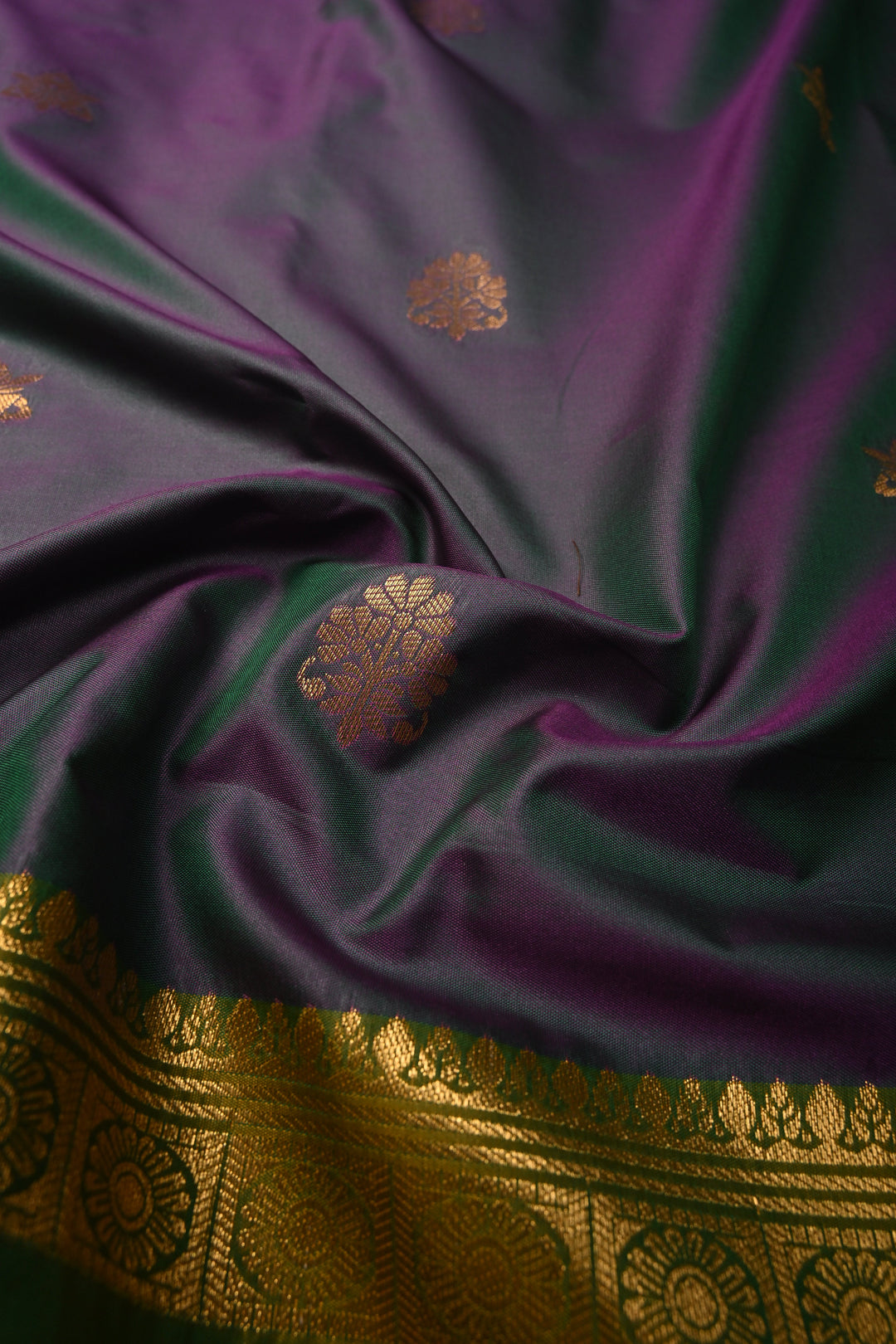 Pink-Green Dual Tone Kanchi Semi Silk Saree with Floral Zari Buttas and Zari Border | SHOBITAM