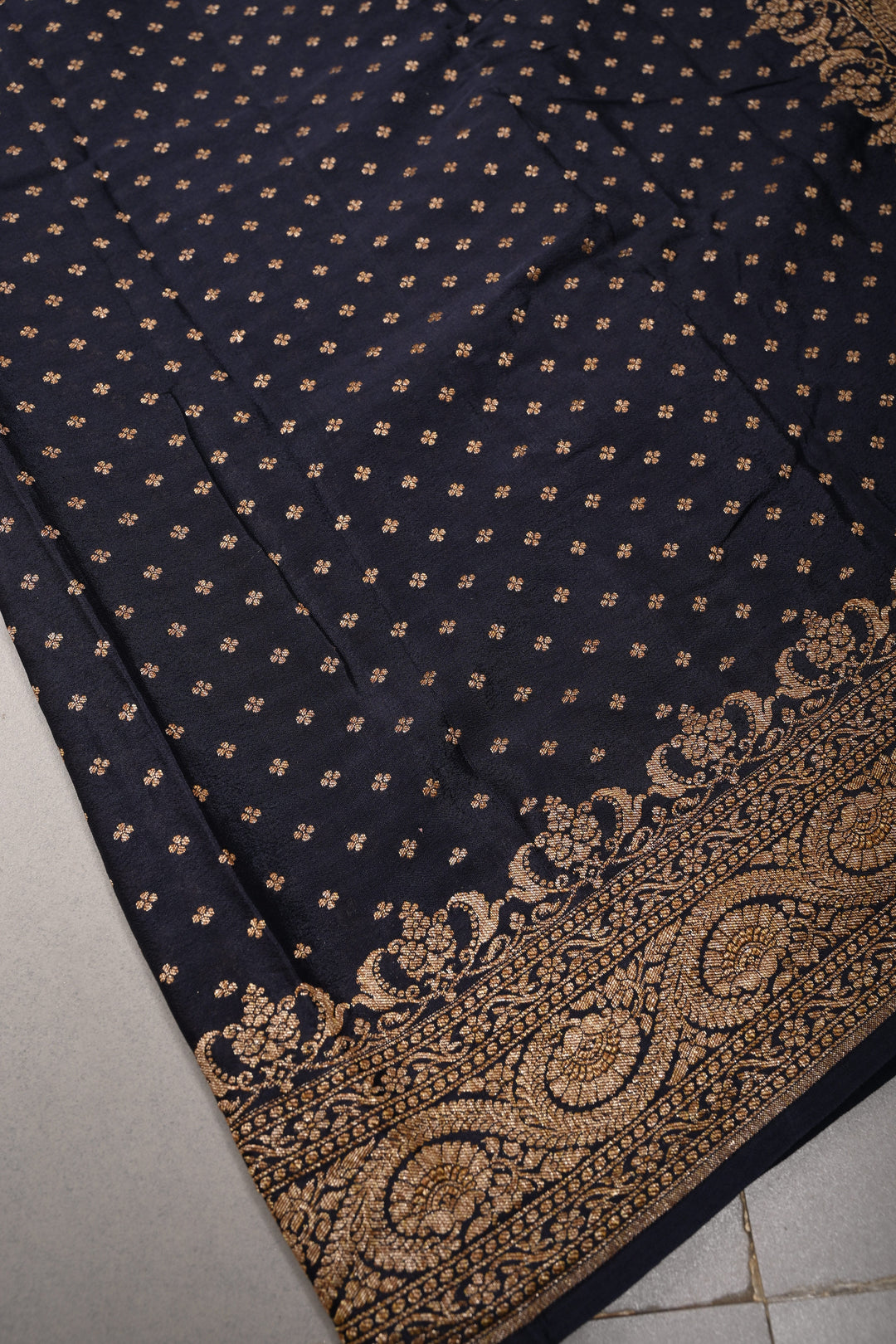 Midnight Blue Banarasi Pure Silk Georgette Saree with Antique Zari Chunri Buttis and Zari Border | SILK MARK CERTIFIED | SHOBITAM