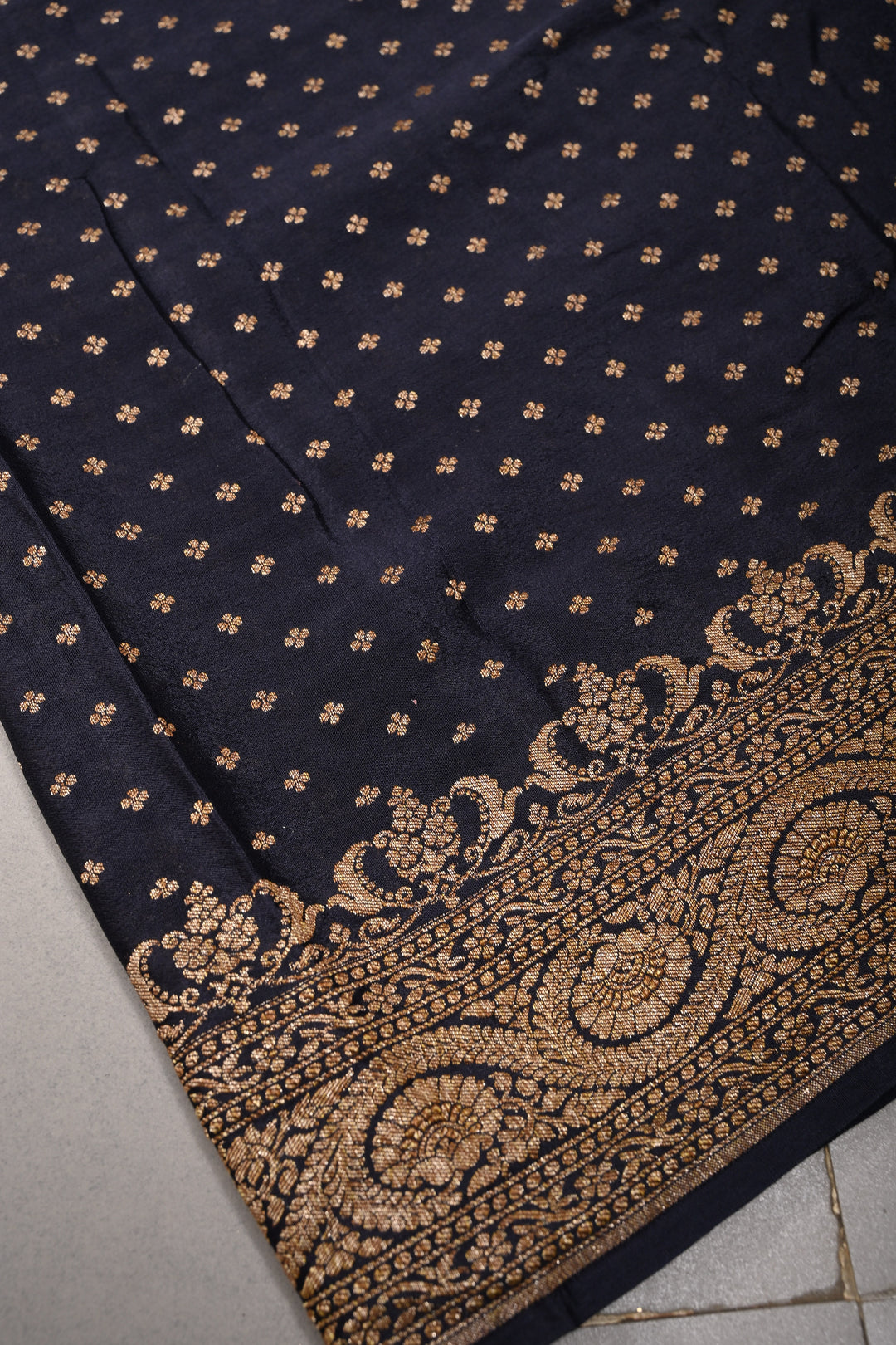 Midnight Blue Banarasi Pure Silk Georgette Saree with Antique Zari Chunri Buttis and Zari Border | SILK MARK CERTIFIED | SHOBITAM