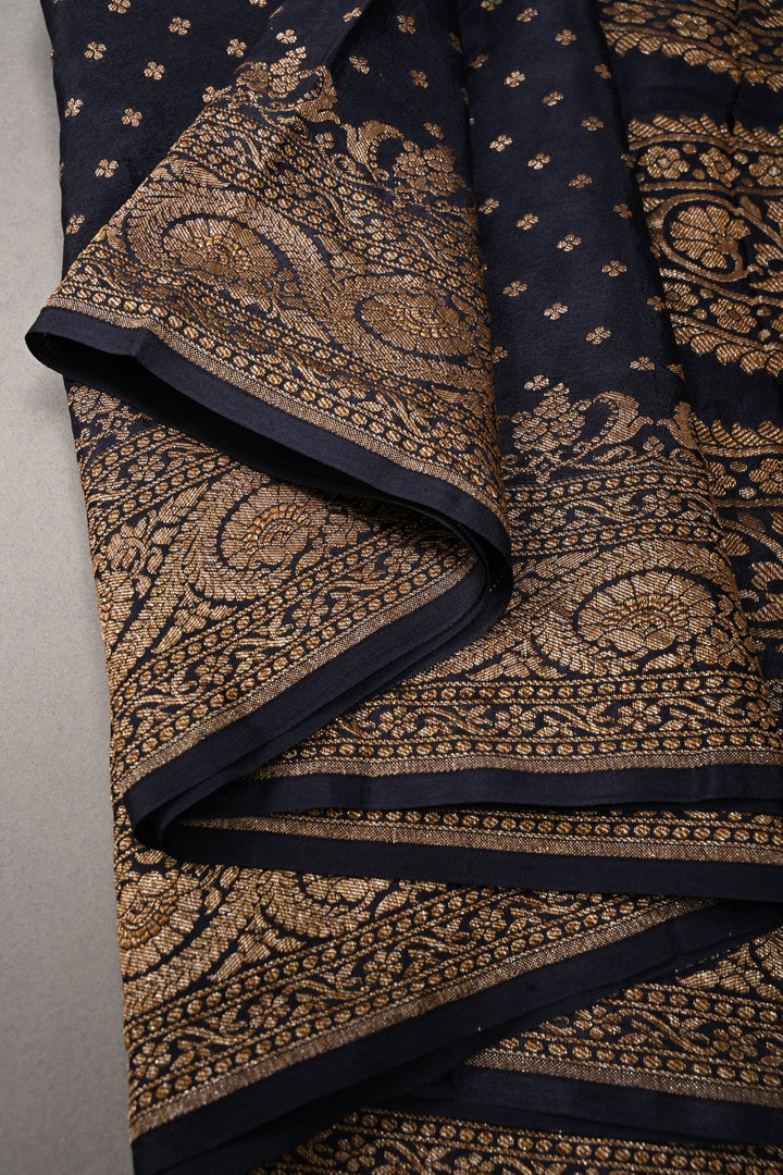 Midnight Blue Banarasi Pure Silk Georgette Saree with Antique Zari Chunri Buttis and Zari Border | SILK MARK CERTIFIED | SHOBITAM