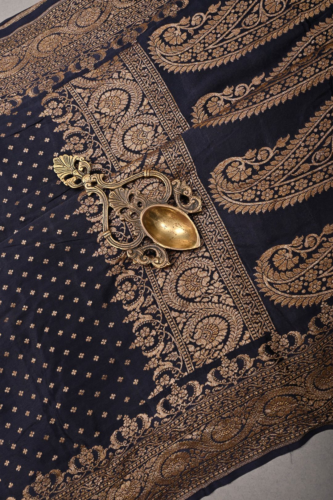 Midnight Blue Banarasi Pure Silk Georgette Saree with Antique Zari Chunri Buttis and Zari Border | SILK MARK CERTIFIED | SHOBITAM