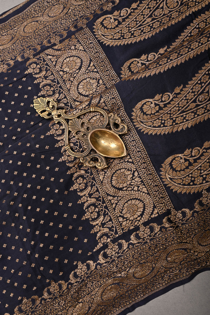 Midnight Blue Banarasi Pure Silk Georgette Saree with Antique Zari Chunri Buttis and Zari Border | SILK MARK CERTIFIED | SHOBITAM