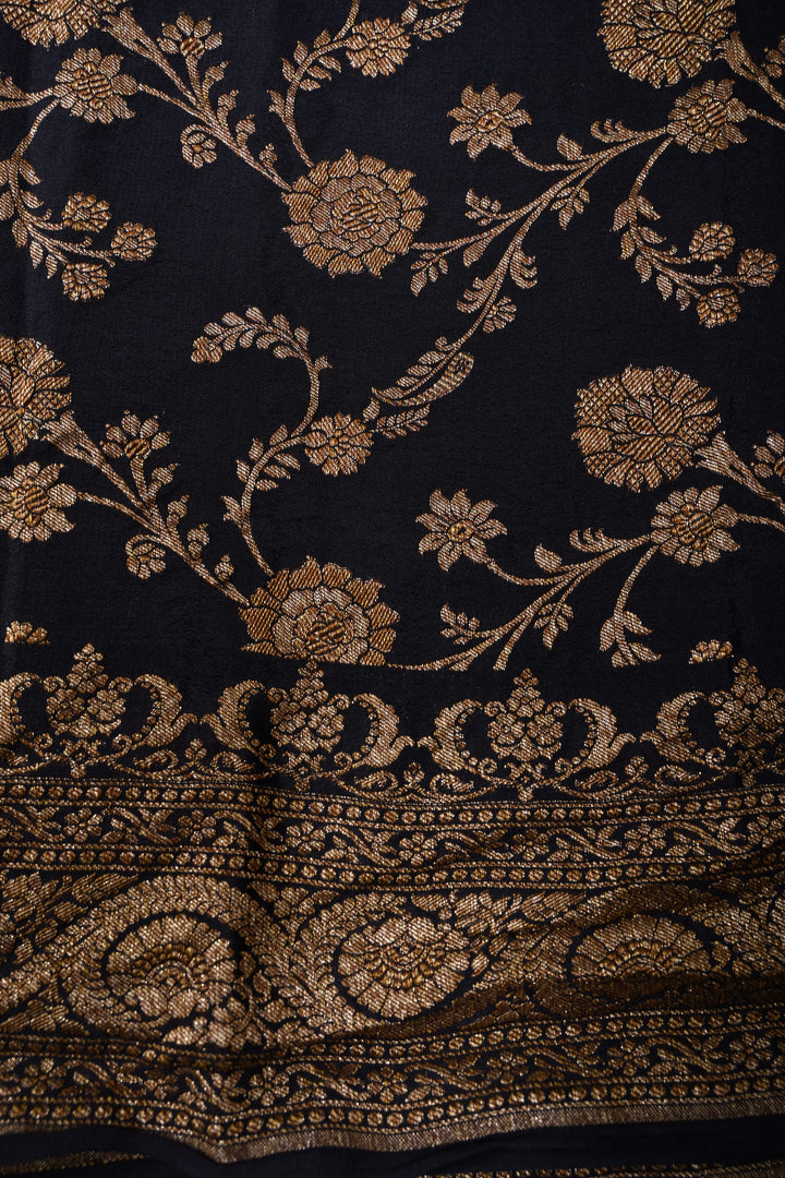 Midnight Blue Banarasi Pure Silk Georgette Saree with Antique Zari Chunri Buttis and Zari Border | SILK MARK CERTIFIED | SHOBITAM