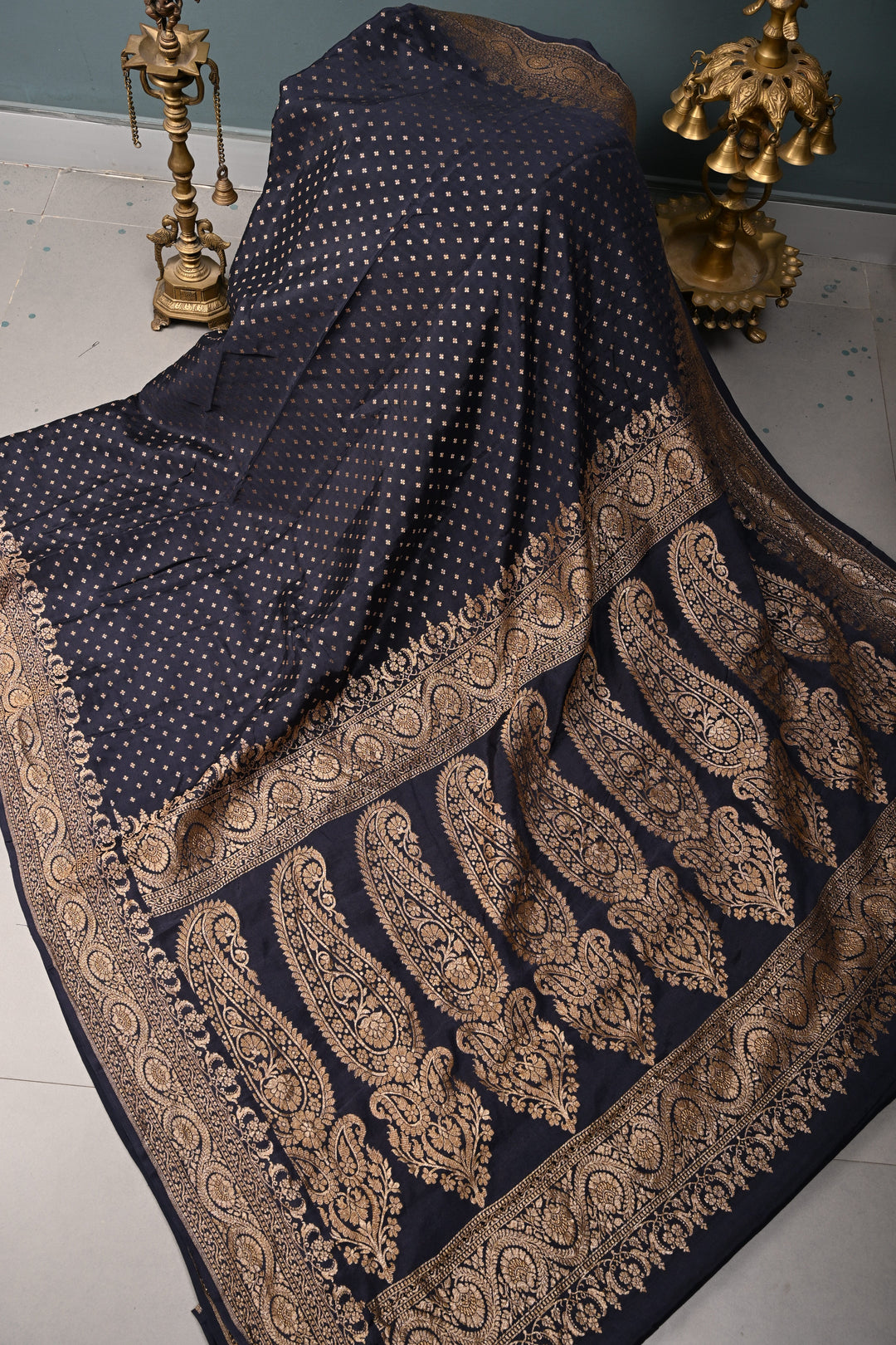 Midnight Blue Banarasi Pure Silk Georgette Saree with Antique Zari Chunri Buttis and Zari Border | SILK MARK CERTIFIED | SHOBITAM