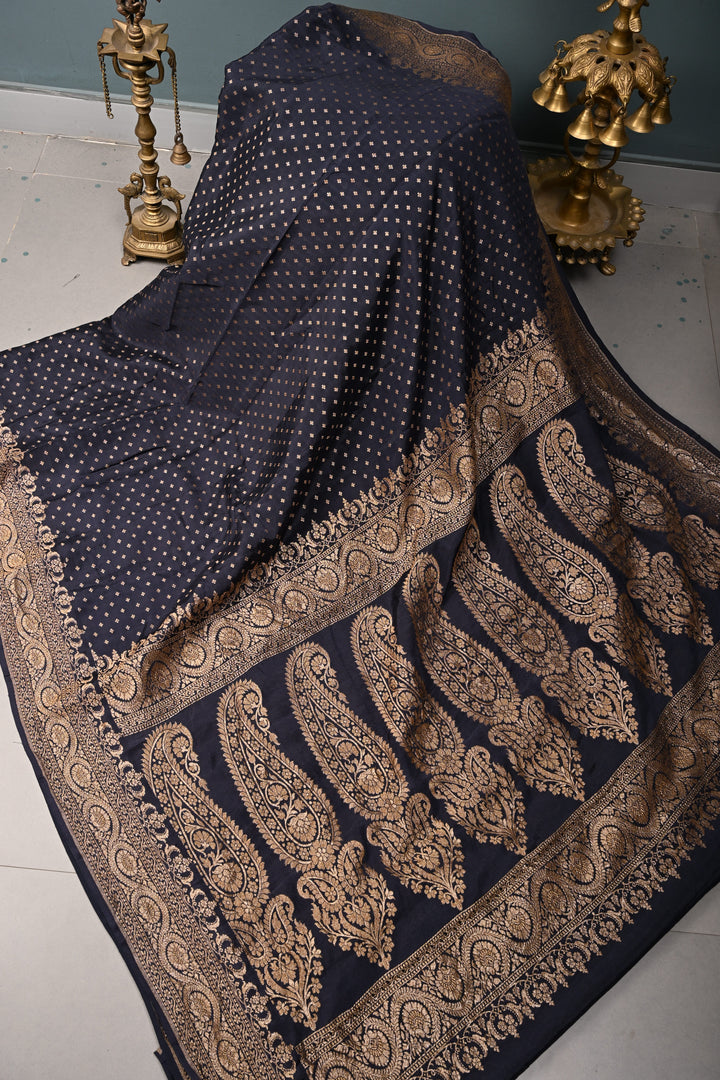 Midnight Blue Banarasi Pure Silk Georgette Saree with Antique Zari Chunri Buttis and Zari Border | SILK MARK CERTIFIED | SHOBITAM