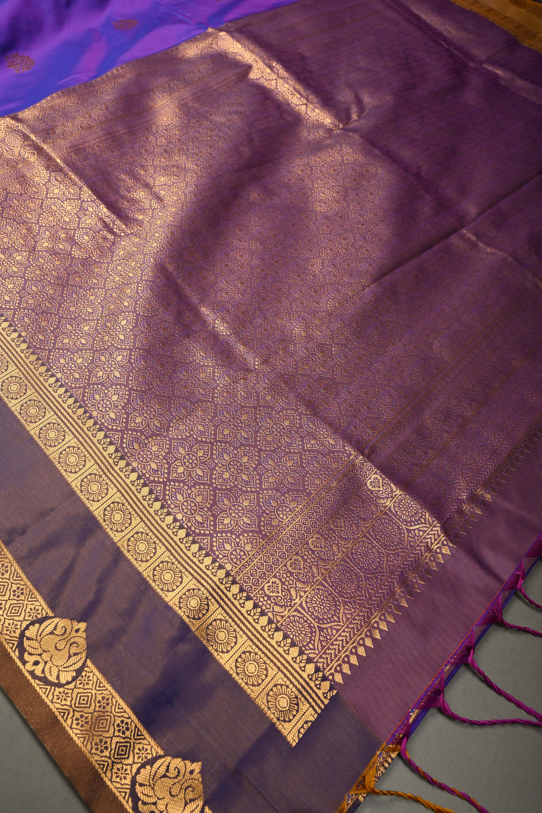 Purple Dual tone Kanchi Semi Silk Saree with Zari Buttas and Rettaipet Zari Border | SHOBITAM