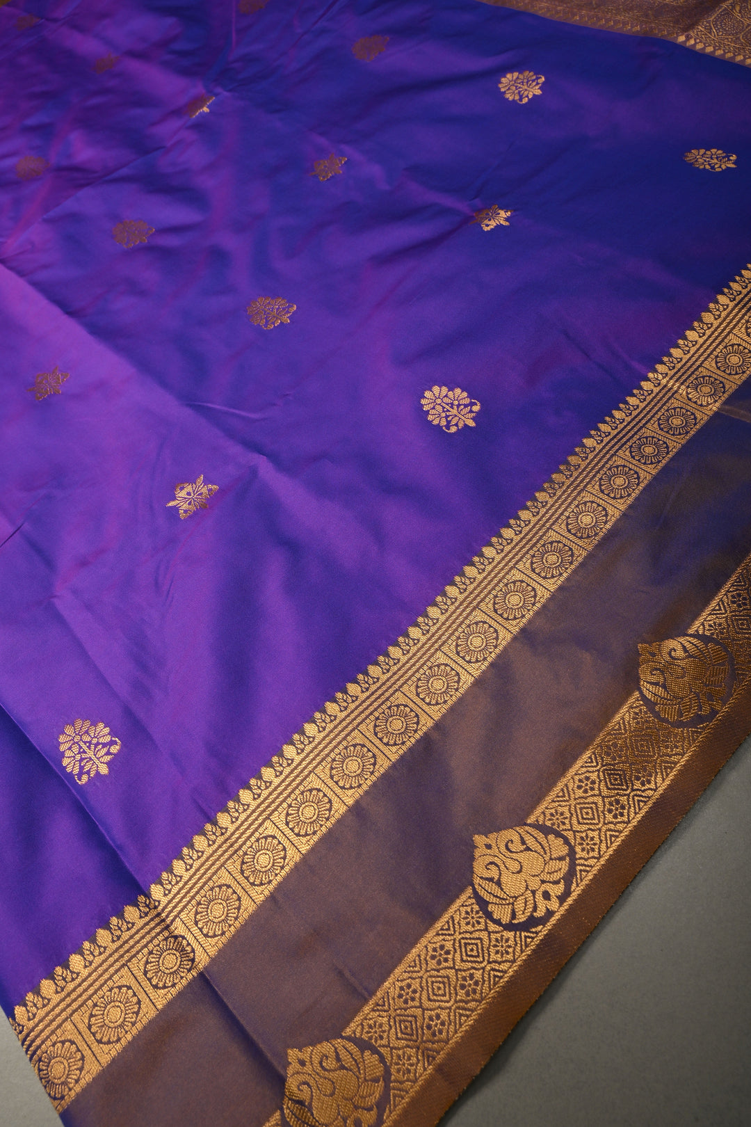 Purple Dual tone Kanchi Semi Silk Saree with Zari Buttas and Rettaipet Zari Border | SHOBITAM