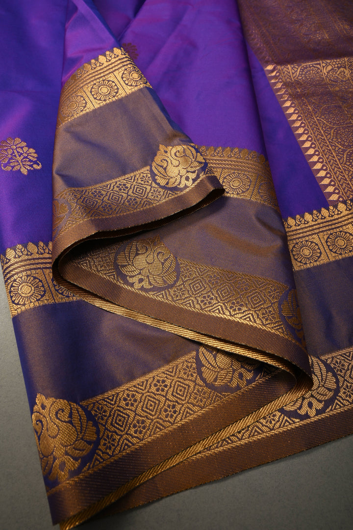 Purple Dual tone Kanchi Semi Silk Saree with Zari Buttas and Rettaipet Zari Border | SHOBITAM
