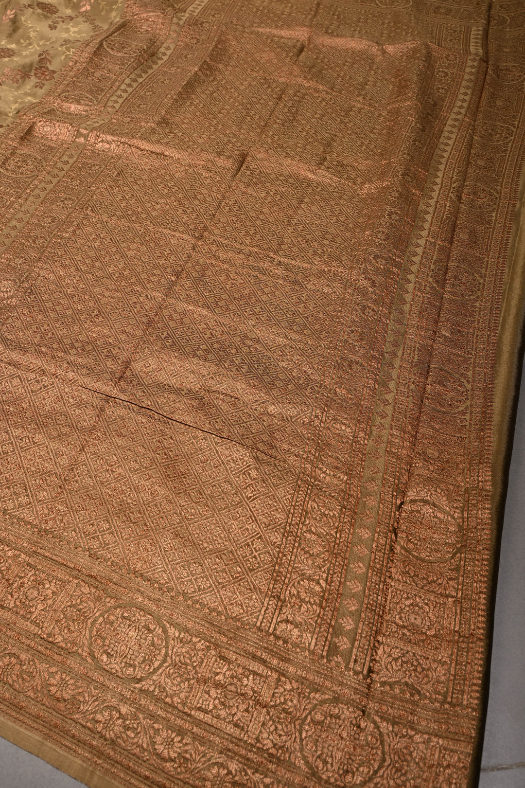 Dusty Olive Green Mysore Silk Saree with Antique Zari-Self Floral Jaal and Zari Border | SILK MARK CERTIFIED | SHOBITAM