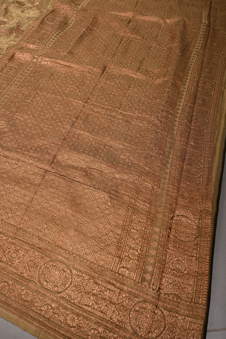 Dusty Olive Green Mysore Silk Saree with Antique Zari-Self Floral Jaal and Zari Border | SILK MARK CERTIFIED | SHOBITAM