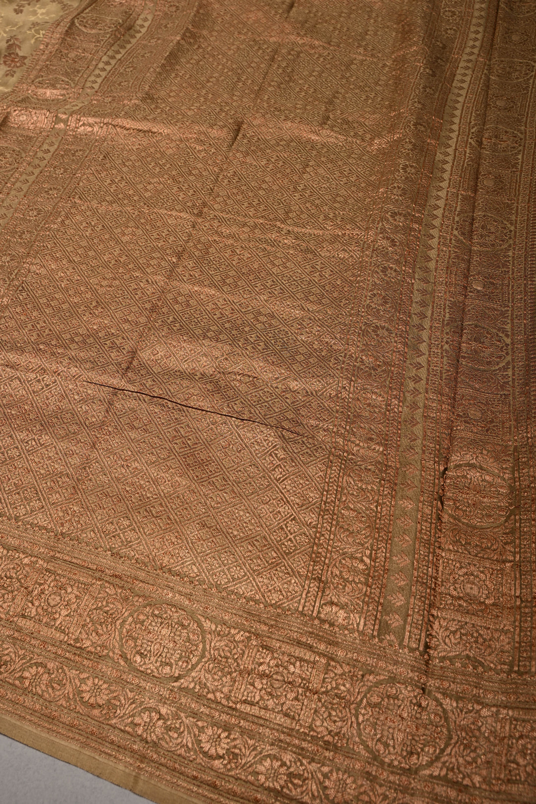 Dusty Olive Green Mysore Silk Saree with Antique Zari-Self Floral Jaal and Zari Border | SILK MARK CERTIFIED | SHOBITAM