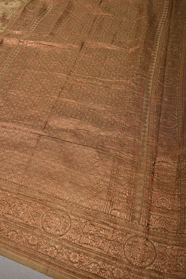 Dusty Olive Green Mysore Silk Saree with Antique Zari-Self Floral Jaal and Zari Border | SILK MARK CERTIFIED | SHOBITAM