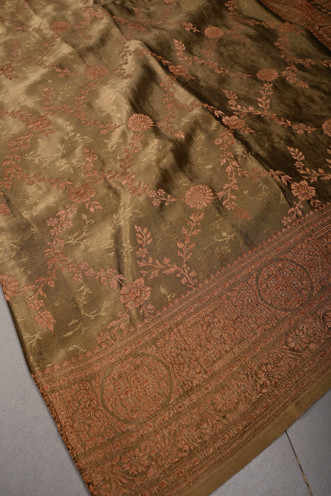 Dusty Olive Green Mysore Silk Saree with Antique Zari-Self Floral Jaal and Zari Border | SILK MARK CERTIFIED | SHOBITAM