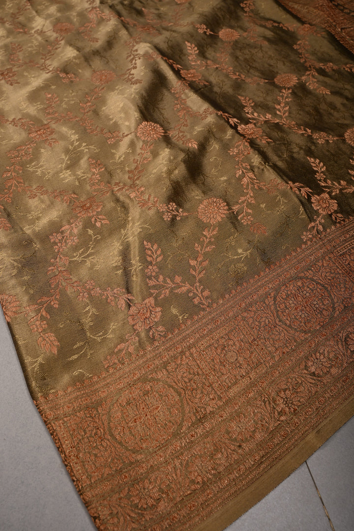 Dusty Olive Green Mysore Silk Saree with Antique Zari-Self Floral Jaal and Zari Border | SILK MARK CERTIFIED | SHOBITAM