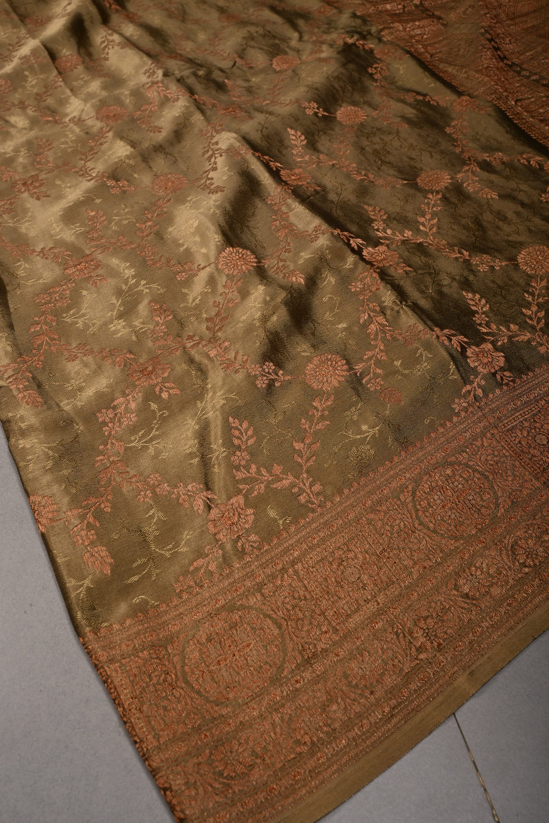 Dusty Olive Green Mysore Silk Saree with Antique Zari-Self Floral Jaal and Zari Border | SILK MARK CERTIFIED | SHOBITAM