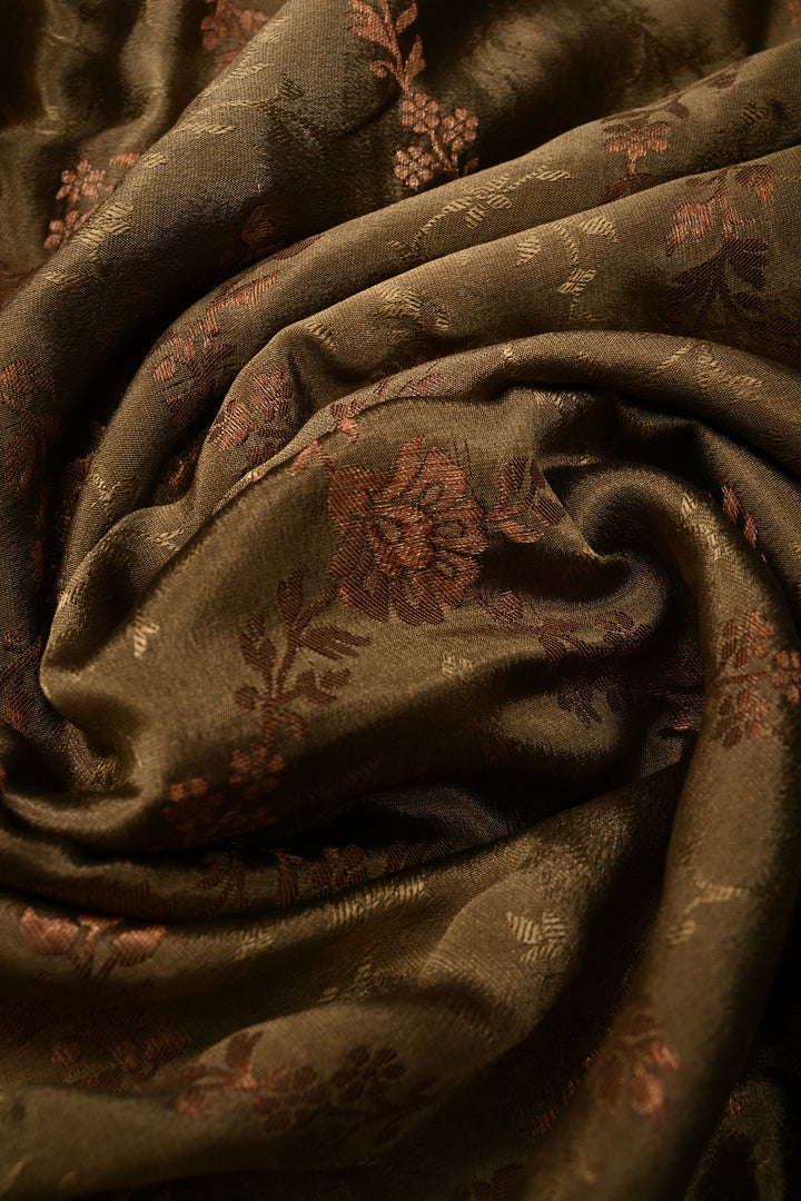 Dusty Olive Green Mysore Silk Saree with Antique Zari-Self Floral Jaal and Zari Border | SILK MARK CERTIFIED | SHOBITAM