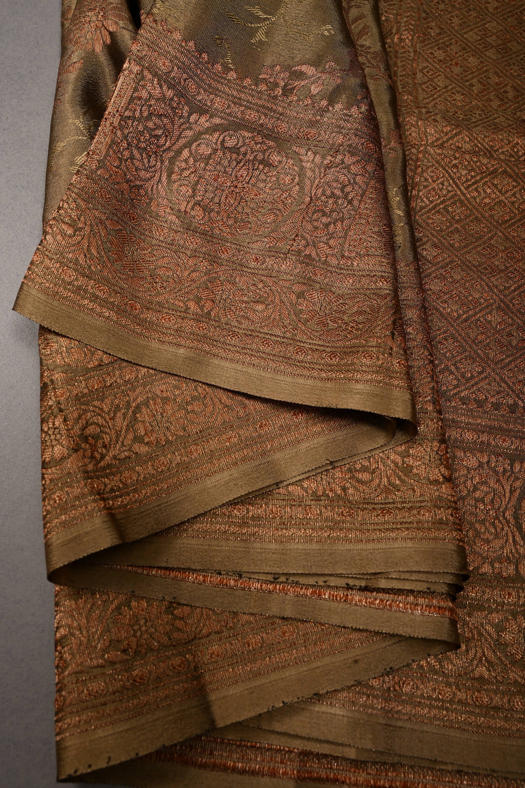 Dusty Olive Green Mysore Silk Saree with Antique Zari-Self Floral Jaal and Zari Border | SILK MARK CERTIFIED | SHOBITAM