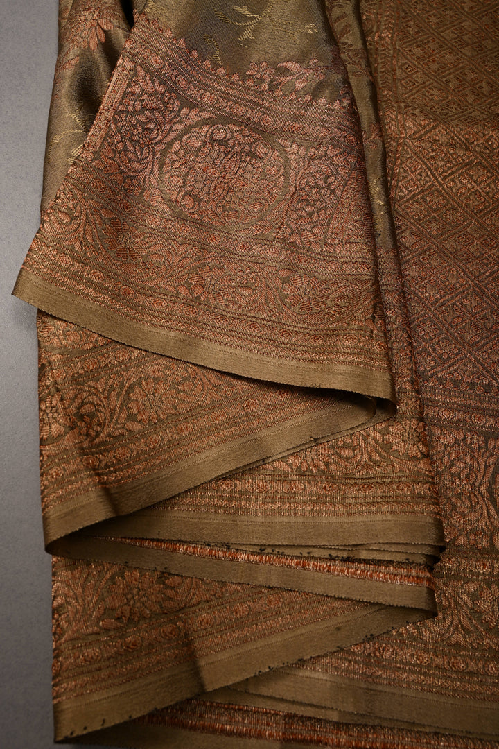 Dusty Olive Green Mysore Silk Saree with Antique Zari-Self Floral Jaal and Zari Border | SILK MARK CERTIFIED | SHOBITAM