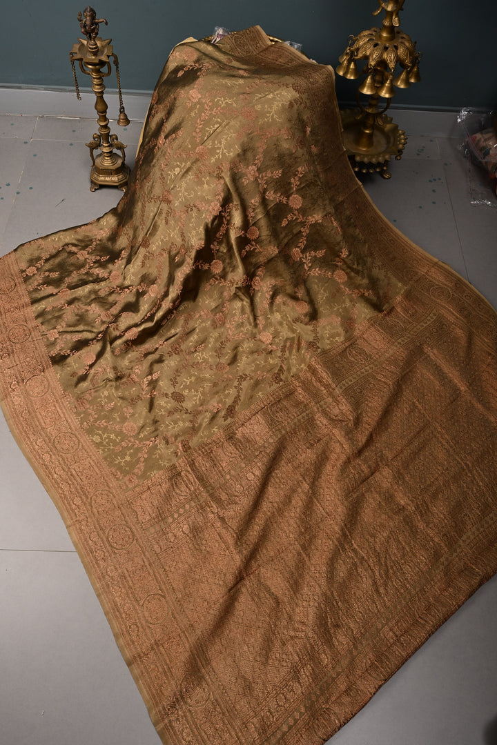 Dusty Olive Green Mysore Silk Saree with Antique Zari-Self Floral Jaal and Zari Border | SILK MARK CERTIFIED | SHOBITAM