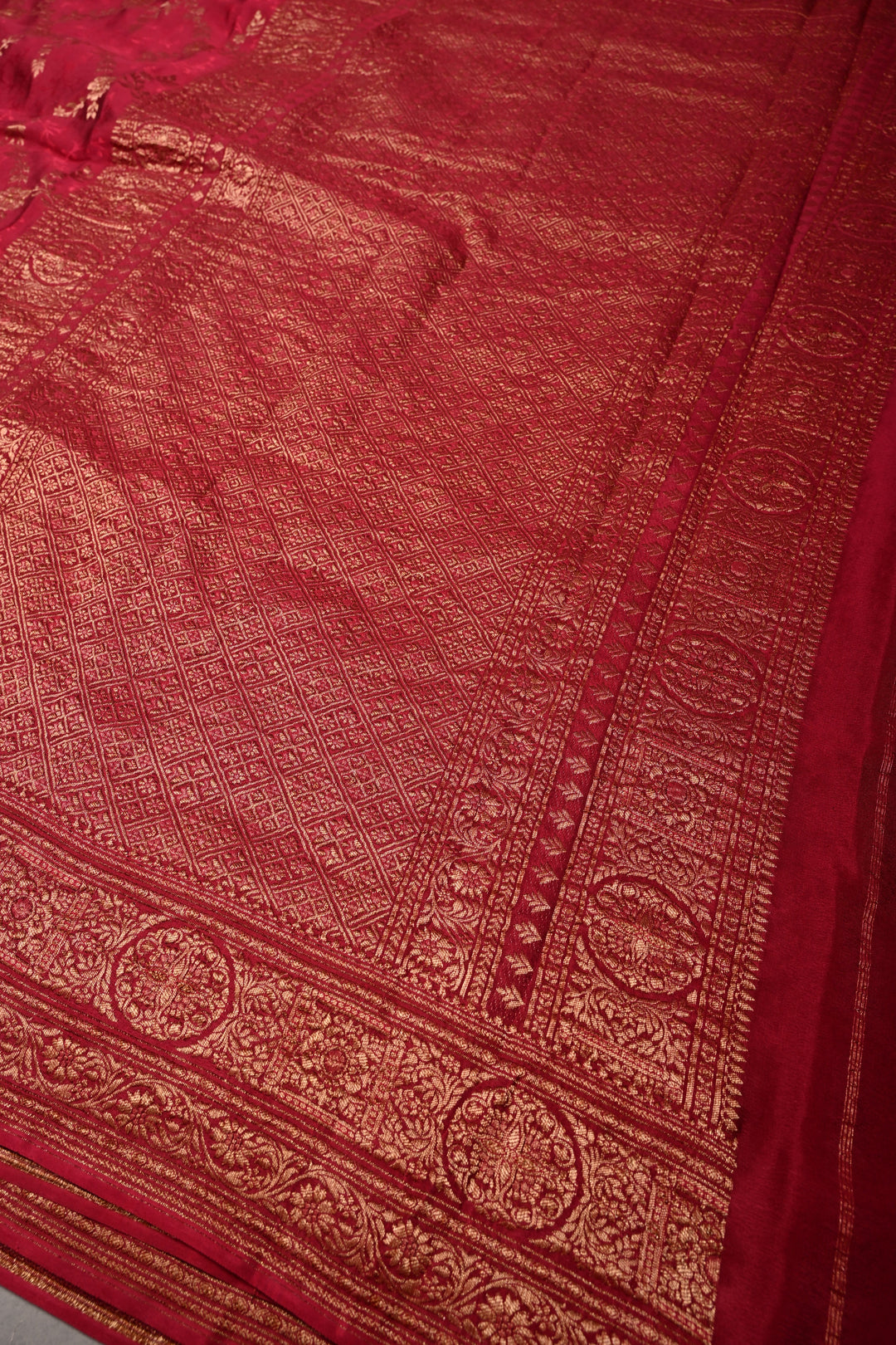 Rose Red Mysore Silk Saree with Antique Zari Floral Jaal and Zari Border | SILK MARK CERTIFIED | SHOBITAM