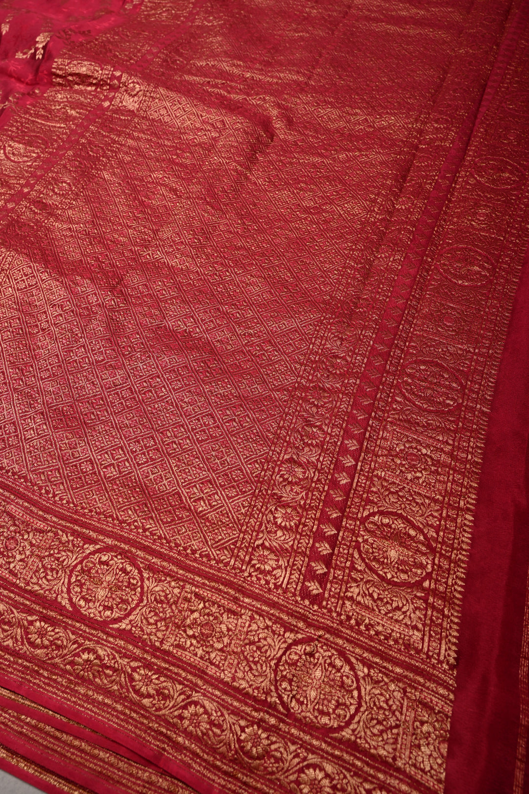 Rose Red Mysore Silk Saree with Antique Zari Floral Jaal and Zari Border | SILK MARK CERTIFIED | SHOBITAM