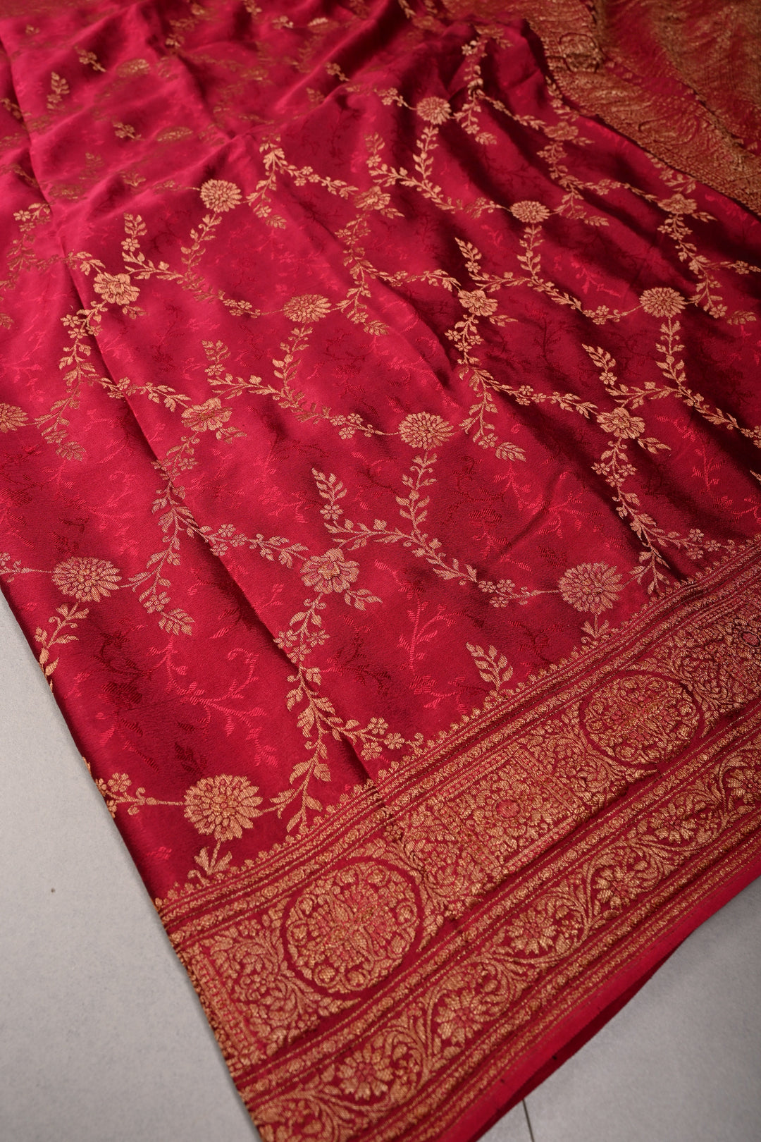 Rose Red Mysore Silk Saree with Antique Zari Floral Jaal and Zari Border | SILK MARK CERTIFIED | SHOBITAM