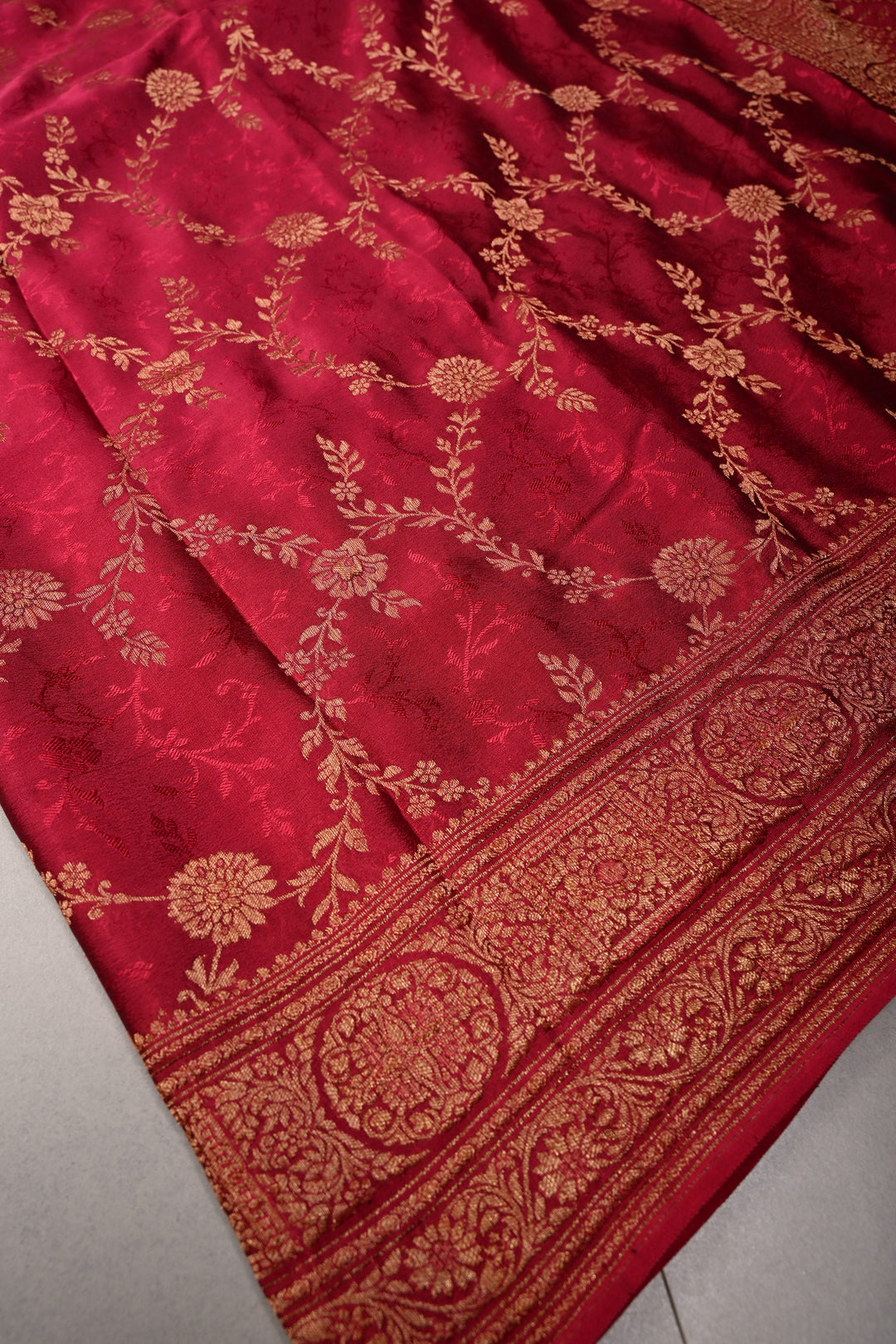 Rose Red Mysore Silk Saree with Antique Zari Floral Jaal and Zari Border | SILK MARK CERTIFIED | SHOBITAM