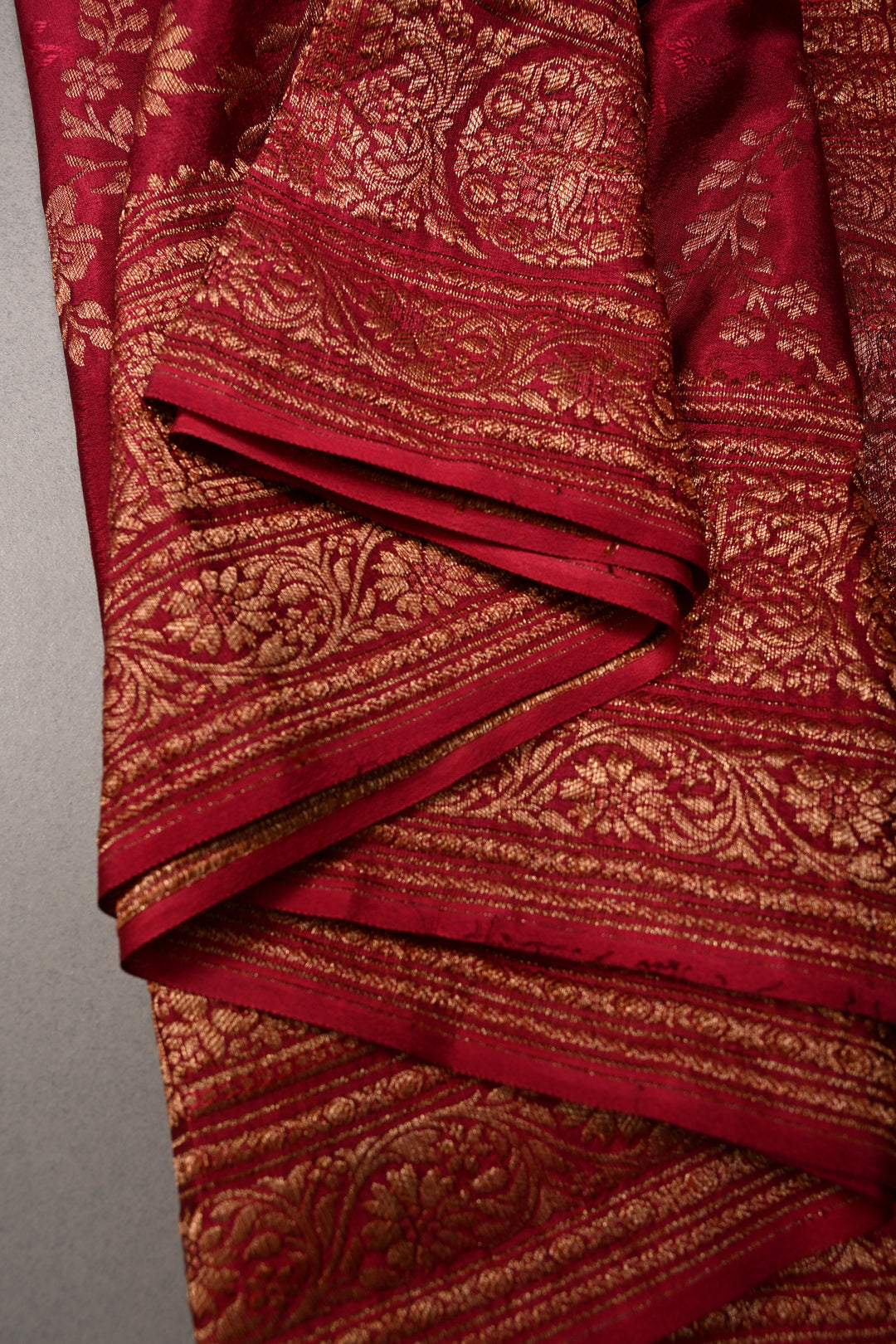 Rose Red Mysore Silk Saree with Antique Zari Floral Jaal and Zari Border | SILK MARK CERTIFIED | SHOBITAM