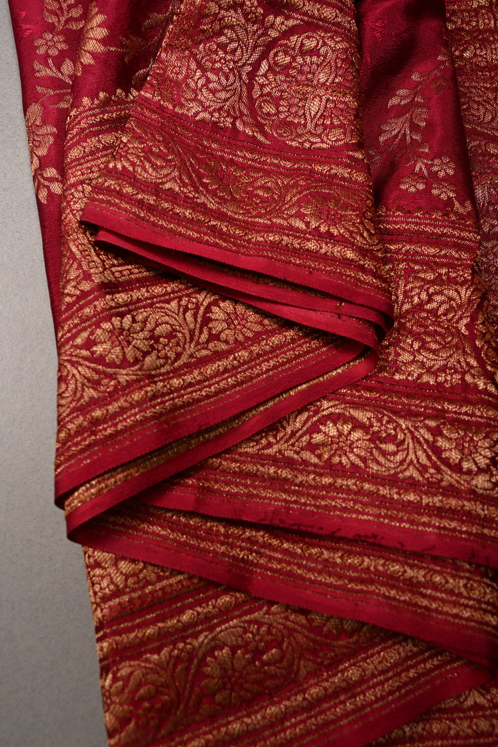 Rose Red Mysore Silk Saree with Antique Zari Floral Jaal and Zari Border | SILK MARK CERTIFIED | SHOBITAM